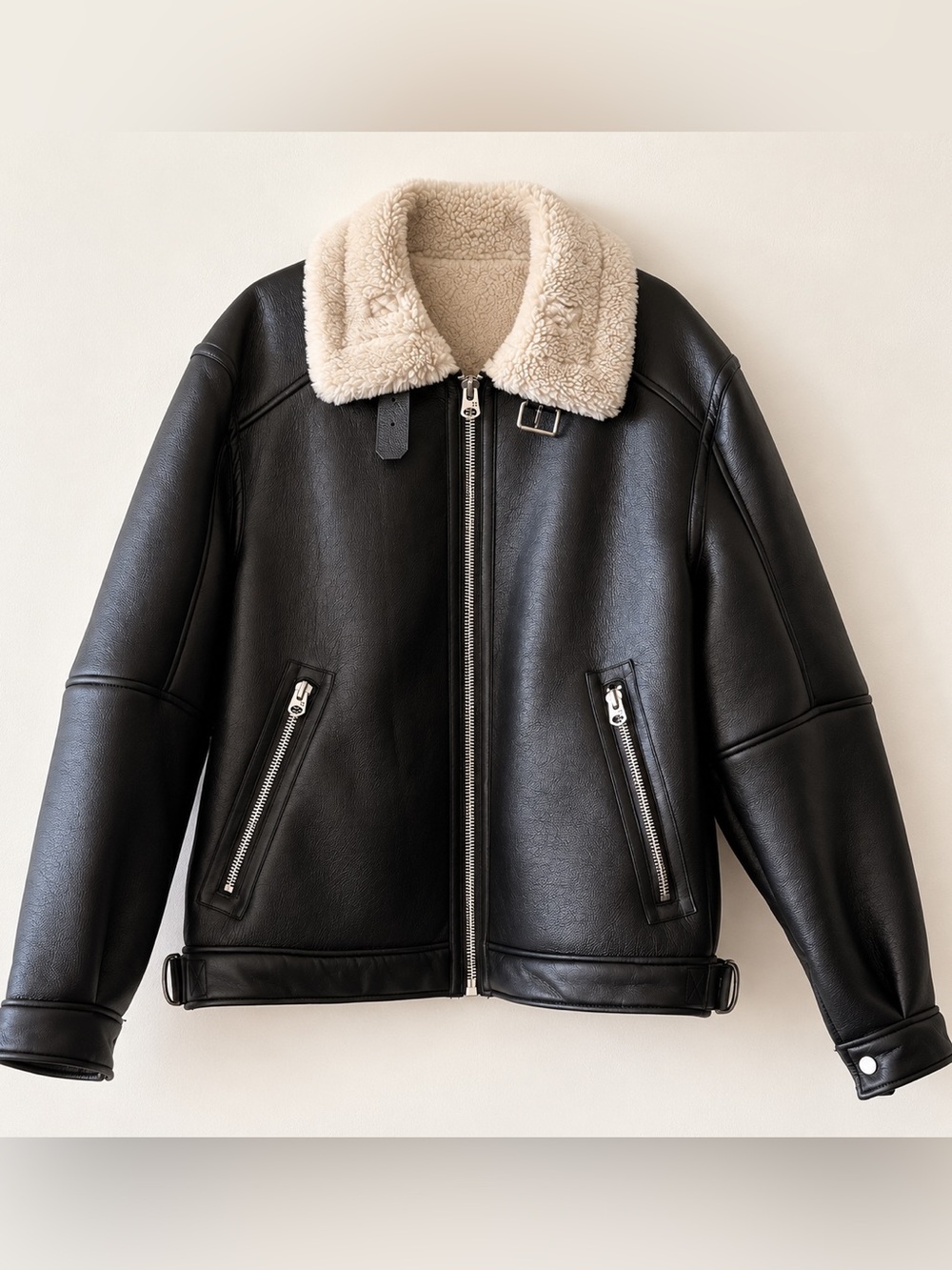 Zara Men’s Black Faux Leather Shearling Aviator Jacket Size L
